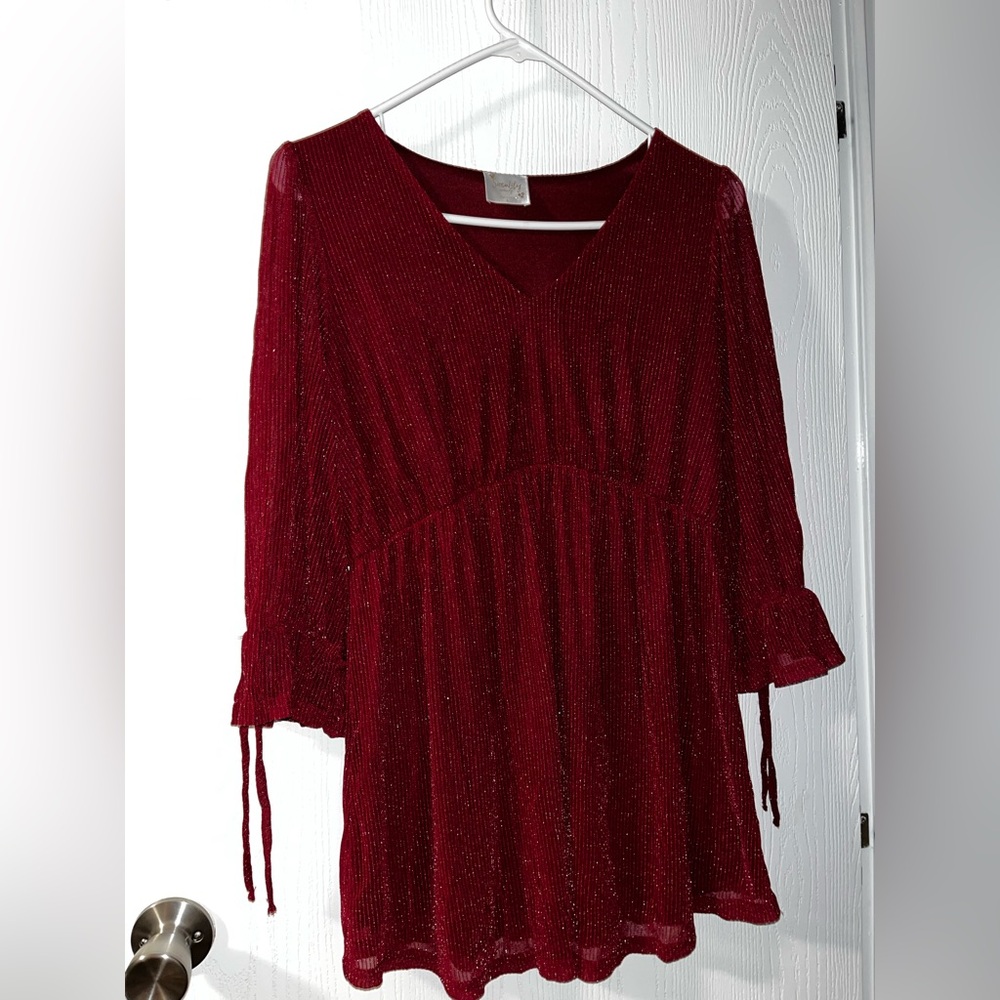 Sirenlily Red Sparkly V-Neck Blouse